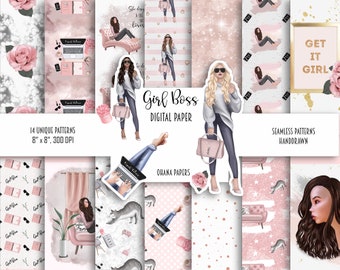 GIRL BOSS Digital Paper Pack - Modèles sans couture d'illustration de mode - Planner Girl Fashion Fabric | Fournitures de planificateur