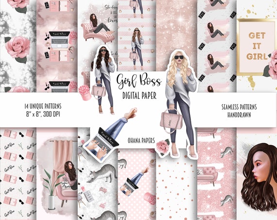 GIRL BOSS Digital Paper Pack - Fashion Illustration Seamless Patterns - Planner Girl Fashion Fabric | Planner Supplies