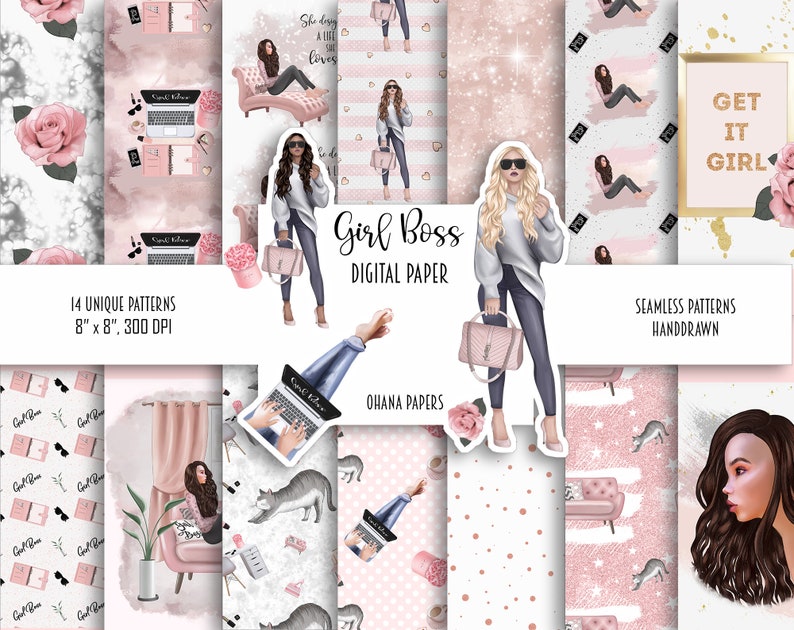 May include: A digital paper pack with 14 unique patterns featuring illustrations of women, cats, and office supplies. The patterns are seamless and hand-drawn. The text "Girl Boss" and "Get It Girl" are included in the design.