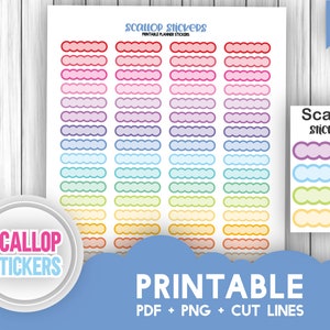 Puede incluir: Pegatinas imprimibles en forma de vieira en una variedad de colores. Las pegatinas están diseñadas para su uso en planificadores y diarios. La imagen muestra una hoja de pegatinas con líneas de corte y una pegatina de muestra.