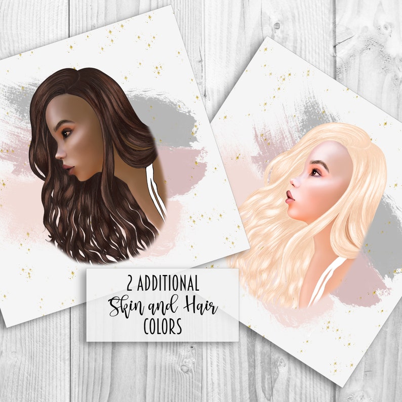 May include: Two digital illustrations of women with different skin tones and hair colors. The women are depicted with long, wavy hair and are set against a background of soft pink and gray watercolor washes with gold glitter.