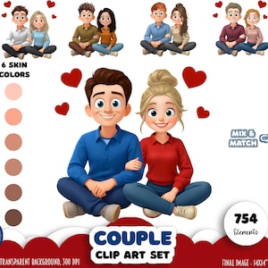 以下が含まれることがあります： カジュアルな服装の漫画のカップルがハートに囲まれたデジタルクリップアートセット。6つの肌の色とさまざまなシャツの色が選択できます。このセットには754個の要素が含まれており、背景は透明です。