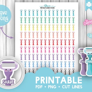 Puede incluir: Pegatinas imprimibles para planificadores con 100 coloridos dibujos animados de maquinillas de afeitar con caras felices. Las pegatinas están diseñadas para usar en un planificador o diario. El texto "Shave" está impreso en las pegatinas. El texto "Printable Planner Stickers" está impreso en la parte superior de la hoja. El texto "Printable" está impreso en letras grandes en la parte inferior de la hoja. El texto "PDF + PNG + CUT LINES" está impreso debajo de la palabra "Printable".