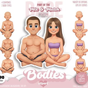 May include: Digital illustration featuring a mix-and-match system with various body types, skin tones, and hairstyles. The image includes two seated figures and additional options for customization, with the text "Bodies" and "Create custom portraits!"