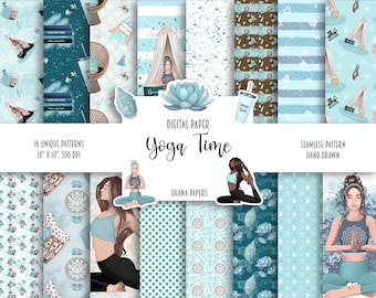 YOGA Digital Paper Pack - Naadloze patroon Fashion illustratie, Planner papers, Afro Girl afdrukbaar scrapbookingpapier