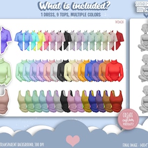 May include: Digital illustration showcasing a variety of women's tops in multiple colors. The image includes a dress, button-down shirts, turtleneck sweaters, and tank tops. Text on the image reads "What is included?" and "Create custom portraits!"