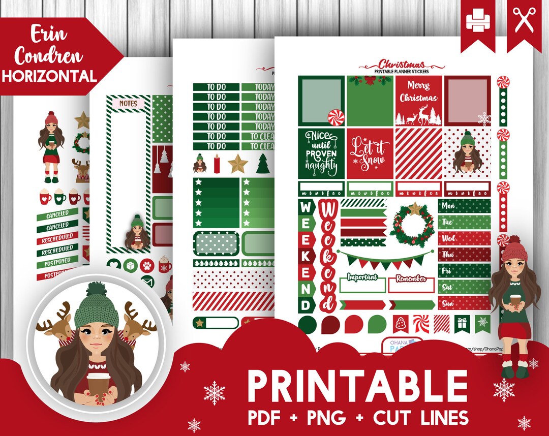 Christmas Printable Planner Stickers Weekly Kit Erin Condren Horizontal ...