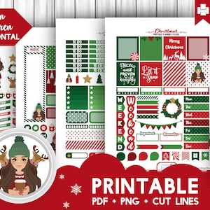 May include: Printable Christmas planner stickers with a red and green color scheme. The stickers feature a variety of designs, including a snowman, a wreath, a Christmas tree, and a Santa hat. The text "Let it Snow" and "Nice until proven naughty" are included on the stickers.