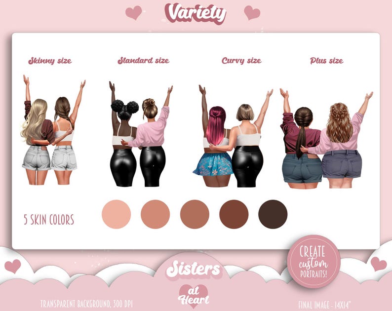 Bästa vänner - Soul Sisters BFF Clipart | Anpassad bästiskonst | Modeflickor PNG | Kurviga och plus size-bästisar | Vy bakifrån bild 6