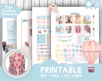 PRINTEMPS Kit hebdomadaire d'autocollants de planificateur imprimable | Erin Condren HORIZONTALE | Autocollants floraux bleus Fashion Girl ECLP