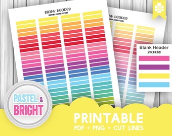 Printable Blank Header Stickers, Functional Multicolor Header, Rainbow Header Scrapbook Stickers, Erin Condren, Happy Planner