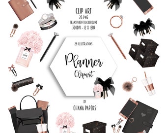 Clipart de ouro rosa, adesivos estacionários de planejador de escritório doméstico, ilustração de moda feminina, clipart minimalista, suprimentos gráficos de planejador