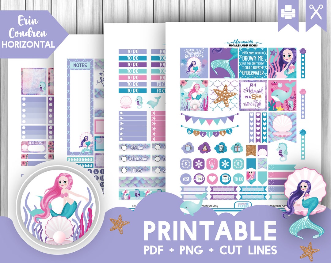 MERMAID Printable Stickers Erin Condren HORIZONTAL Weekly Kit ECLP Cute ...