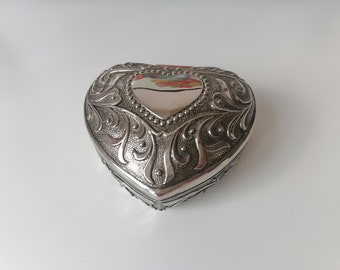 Vintage Filigree Heart Metal Jewelry Box, Velvet Lined