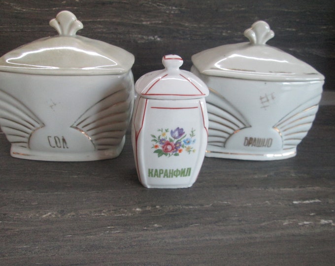 Set of 3 spice porcelain jars, Vintage spice boxes, Ceramic spice jars, Spice organizer, Kitchen Containers, Kitchen spice jars, Lidded Jars