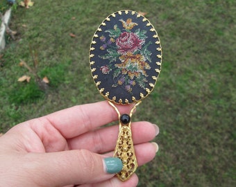 Brass hand mirror, Mirror with embroiedery, Antique brass mirror, Make up mirror, Compact mirror, Small handbag mirror, Gift idea