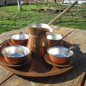 Vintage Turkish coffee set, Copper coffee set, Turkish coffee pot, Copper pot, Copper cups with plates, Coffee cups, Handmade copper set