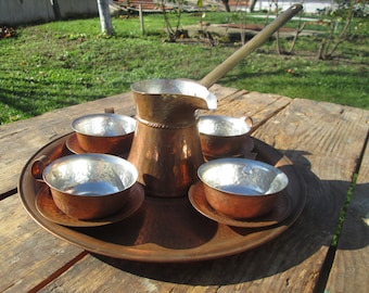 Vintage Turkish coffee set, Copper coffee set, Turkish coffee pot, Copper pot, Copper cups with plates, Coffee cups, Handmade copper set