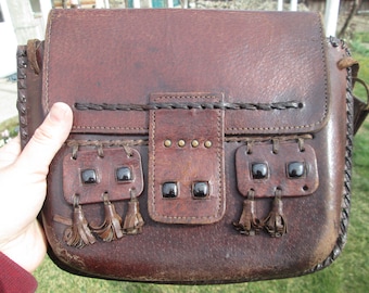 Vintage Handmade Leather Handbag, Hippie Style Purse