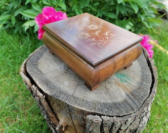 Vintage Hand-Carved Floral Wooden Box, Jewelry Keepsake