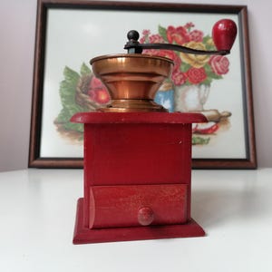 Wooden coffee mill, Vintage coffee grinder, Coffee mill, Old red grinder, Wooden grinder, Manual grinder, Vintage kitchen, Rustic home decor