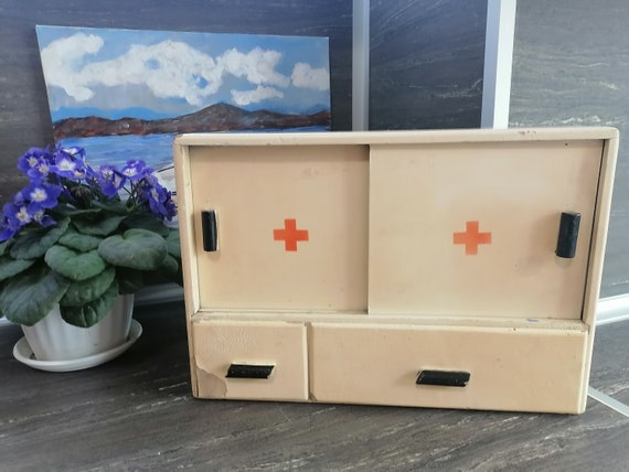 Vintage Wooden Medicine Cabinet, Pharmacy Wall Cabinet, First Aid Storage