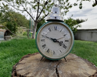 Vintage Serkisof Mechanical Alarm Clock, Green Metal Twin Bell