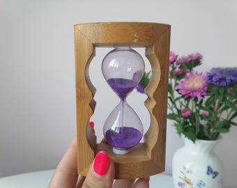 Temporizador de arena de madera vintage, arena morada, reloj de arena de 1 minuto