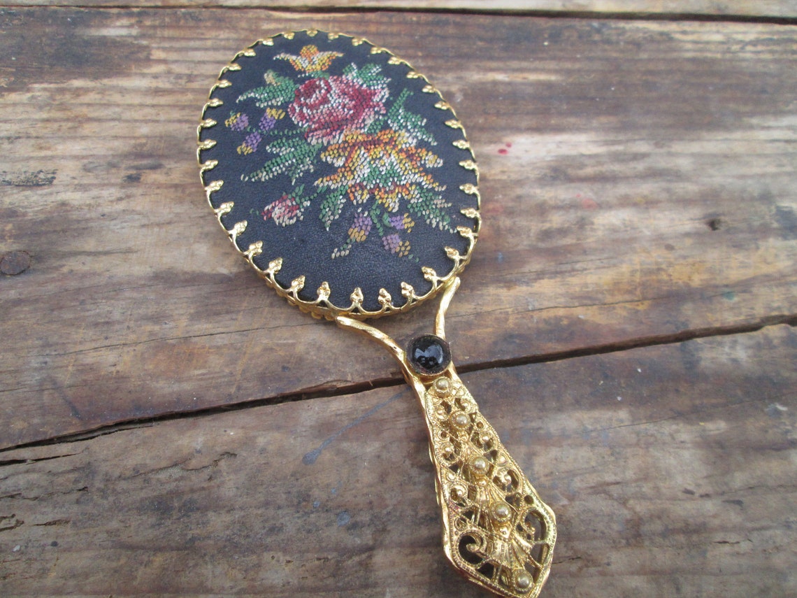 Brass Hand Mirror Mirror With Embroiedery Antique Brass Etsy