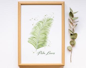 TROPICAL PALM LEAVES watercolor printable wall art. Aesthetic green hand-painted decor of palm leaves. Instant download, jpg and pdf files.