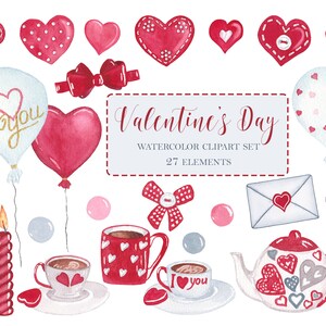 Conjunto de imágenes prediseñadas valentine's DAY con corazones pintados a mano, tazas de café, globos y mucho más. Perfecto para proyectos de scrapbooking, journaling, diy.