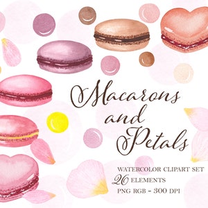 MACARONS AND PETALS clipart set with handpainted sweets, bubbles and flower petals. Png files for diy projects, invitations, scrapbooking.