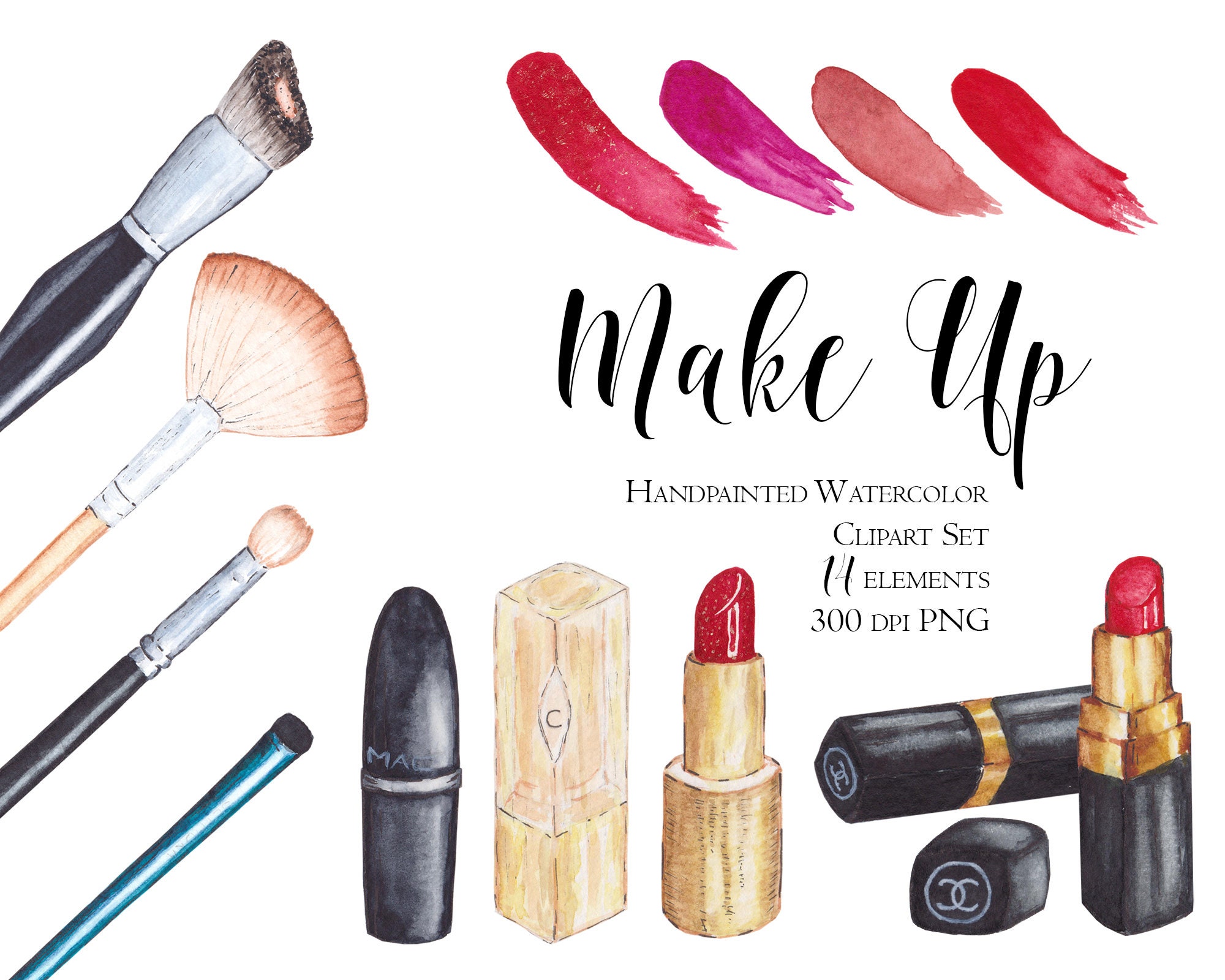 CLIP ART Watercolor Vintage Cosmetics Set. 16 Images. Digital Download.  Make Up. Lipsticks. Hair Dryer. Comb. Curling Iron. 