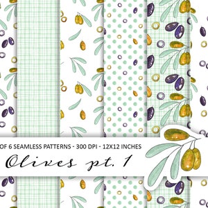 OLIVES PT.1 Seamless pattern set with watercolor illustrations of olives and oil. Cute images for fabric printing, gift paper, DIY projects.
