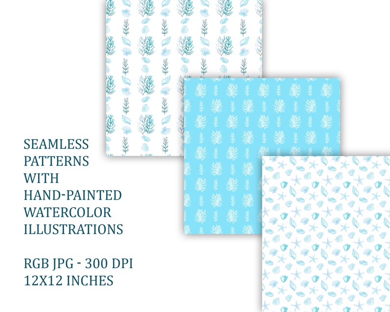 TURQUOISE SEA Seamless Pattern Set With Watercolor Illustrations of ...