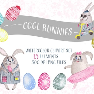 Cool EASTER BUNNIES clipart acquerello set con coniglietti e uova di Pasqua. File png individuali per inviti pasquali e biglietti di auguri.