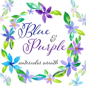 BLUE WATERCOLOR WREATH avec feuilles peintes à la main et illustrations de fleurs. Téléchargement instantané png pour la fabrication de cartes, invitations, scrapbooking.