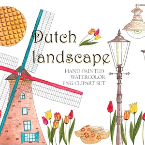 Imágenes prediseñadas de acuarela DUTCH LANDSCAPE con molino de viento, estroopwafel, tulipanes y farolas. Ilustraciones temáticas de viaje png 300dpi individuales