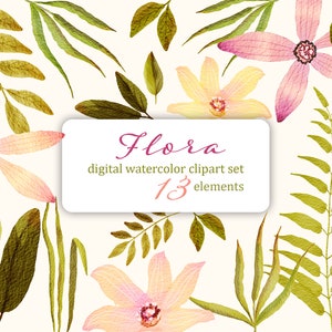 TROPICAL FLORA digital watercolor clipart set of delicate pink flowers and leaves. Individual png files for cards, invitations and projects.