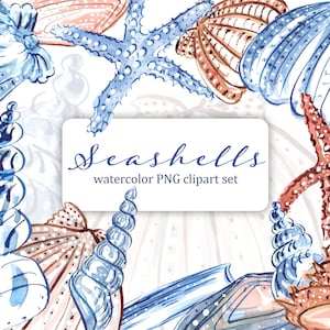Conjunto de imágenes prediseñadas de acuarela de CONCHAS MARINAS AZULES Y MARRONES con conchas y estrellas de mar. Archivos PNG individuales para álbumes de recortes, tarjetas, invitaciones y proyectos.