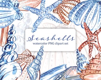 BLUE & BROWN SEASHELLS Aquarell Clipart mit Muscheln und Seesternen. Individuelle png-Dateien für Scrapbooking, Karten, Einladungen, Projekte.