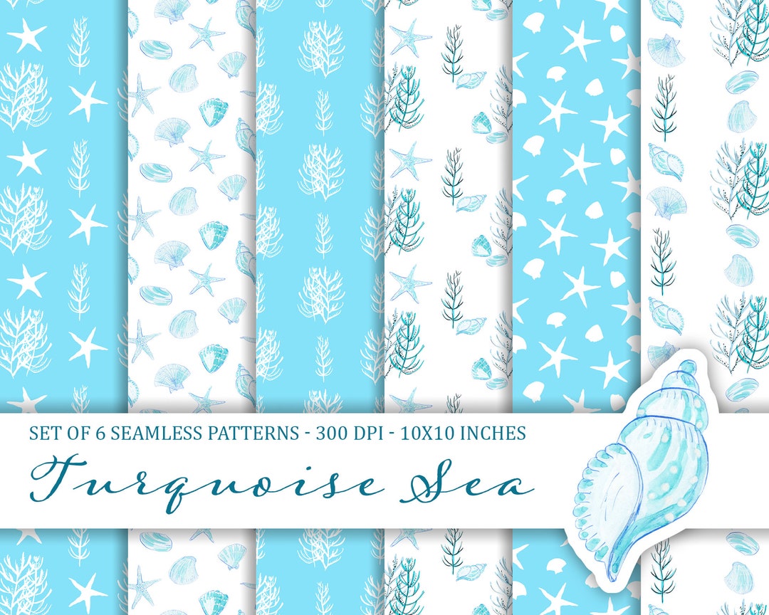 TURQUOISE SEA Seamless Pattern Set With Watercolor Illustrations of ...