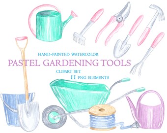 PASTEL GARDENING TOOLS ressort clipart ensemble avec brouette, émondeurs, râteau, arroseur. Pour les amateurs de jardin, invitations, scrapbooking, cartes