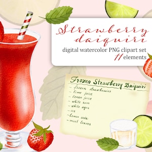 STRAWBERRY DAIQUIRI digital watercolor clipart set of a strawberry cocktail. Individual png files for cards, invitations and projects.