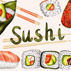 Conjunto de clipart digital em aquarela SUSHI com uramaki, nigiri, temaki e pauzinhos. Arquivos png individuais para cartões, convites e projetos.