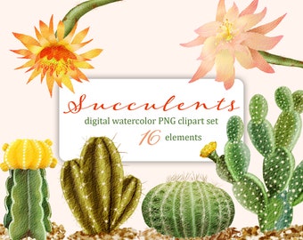 SUCCULENTS digital watercolor clipart set of cacti and intercheangable flowers. Individual png files for cards, invitations and projects.