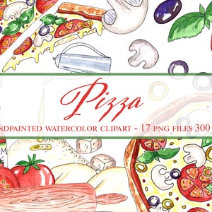 ITALIAN PIZZA clipart set with pizza, tomatoes, basil, olives and more ingredients. Perfect for scrapbooking, journals, and diy projects.