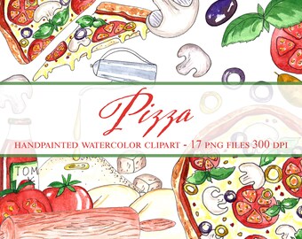ITALIAANSE PIZZA clipart set met pizza, tomaten, basilicum, olijven en meer ingrediënten. Perfect voor scrapbooking, tijdschriften en doe-het-zelfprojecten.