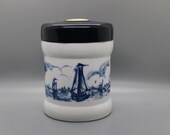 Vintage Humidor Origineel Opaline Delft Cigar Tobacco Container, Valkenswaard Holland Blue Windmill And Nautical Scenery, White Milk Glass