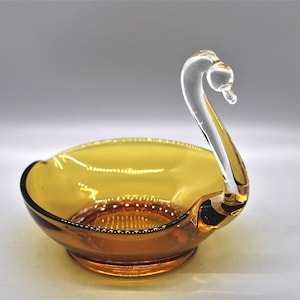Vintage Amber And Clear Art Glass Swan Dish, Handblown Art Glass 1970&#39;s, Beautiful Candy Dish, Trinket Dish, Free Priority Shipping